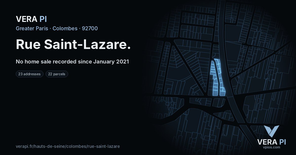 Rue Saint-Lazare, Colombes at night – every parcel coloured by the prices around it, the street's own parcels lit