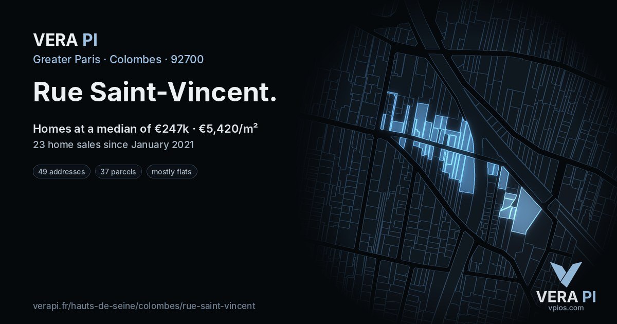 Rue Saint-Vincent, Colombes at night – every parcel coloured by the prices around it, the street's own parcels lit