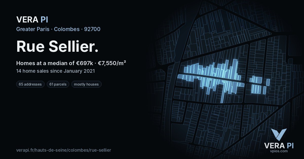 Rue Sellier, Colombes at night – every parcel coloured by the prices around it, the street's own parcels lit