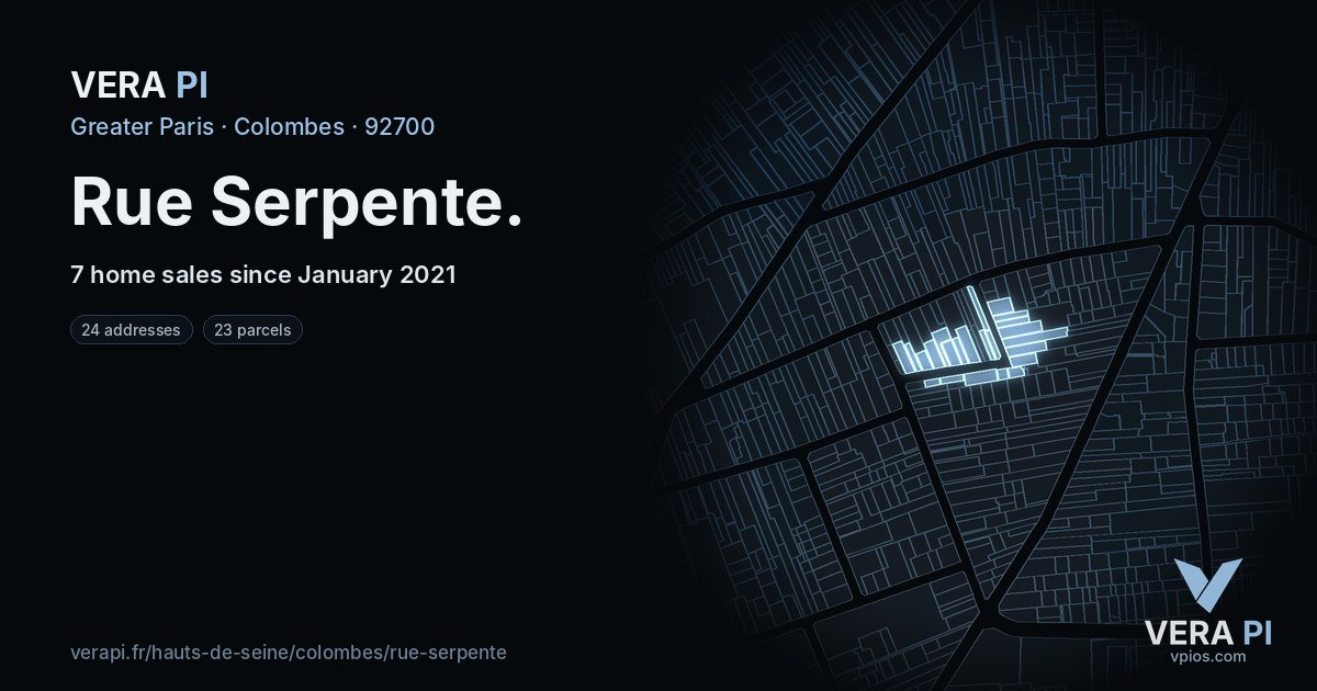 Rue Serpente, Colombes at night – every parcel coloured by the prices around it, the street's own parcels lit