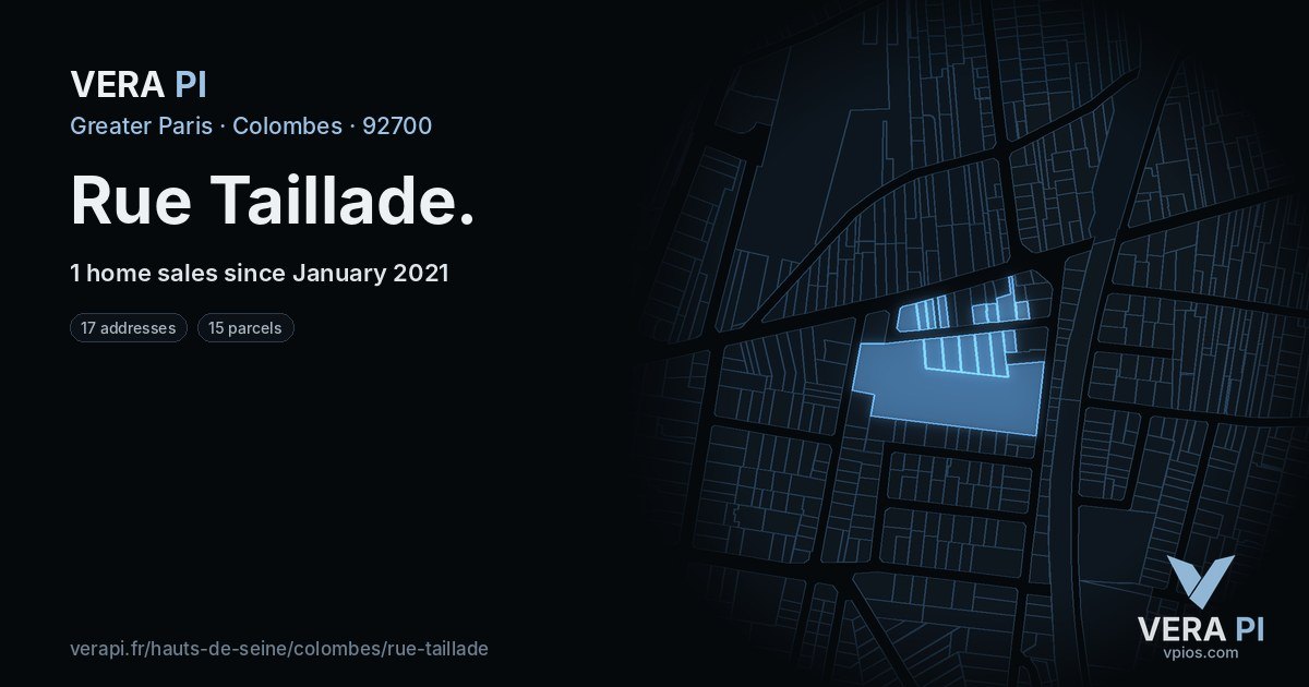 Rue Taillade, Colombes at night – every parcel coloured by the prices around it, the street's own parcels lit
