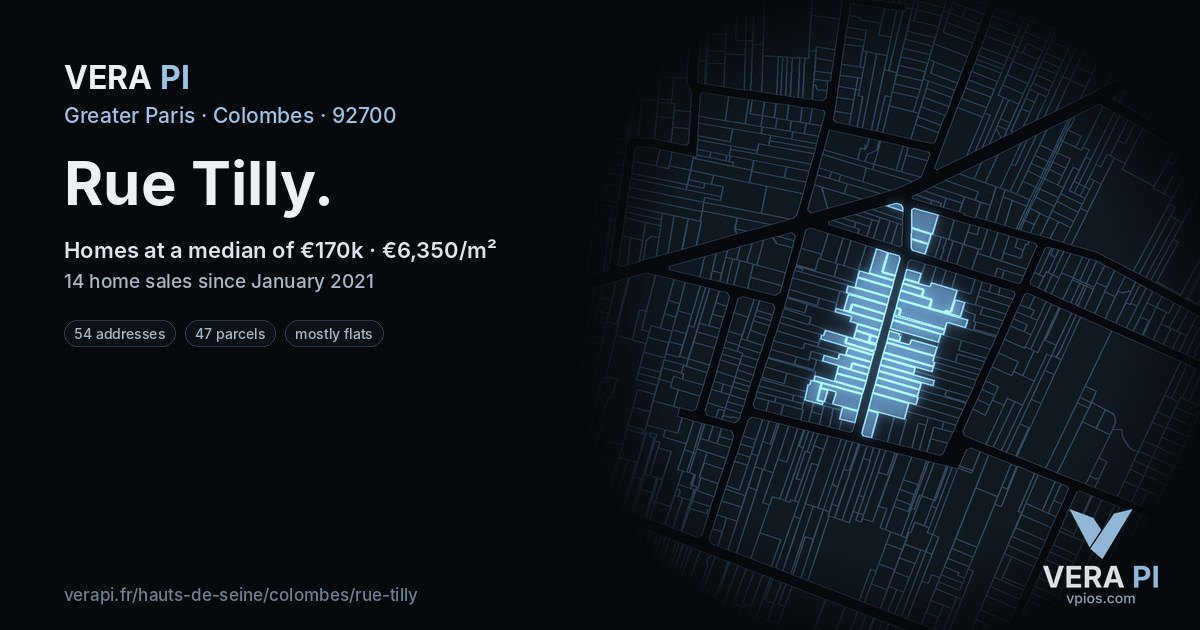 Rue Tilly, Colombes at night – every parcel coloured by the prices around it, the street's own parcels lit