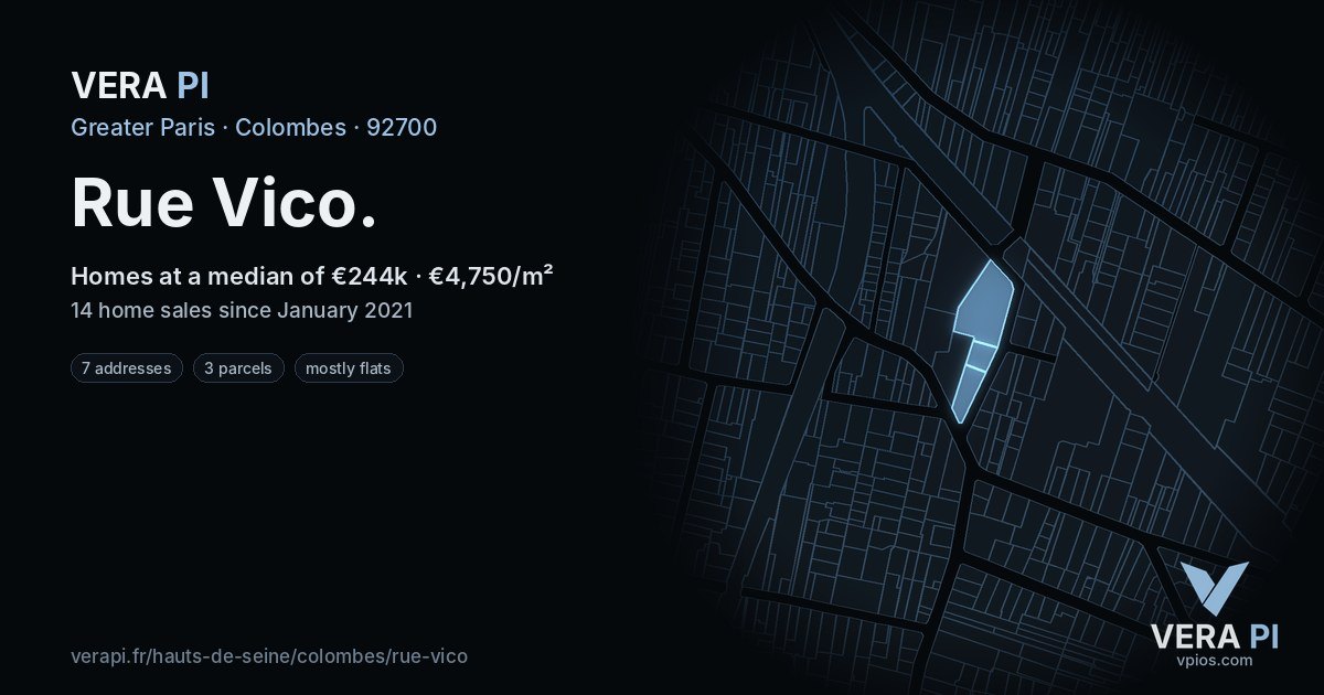 Rue Vico, Colombes at night – every parcel coloured by the prices around it, the street's own parcels lit