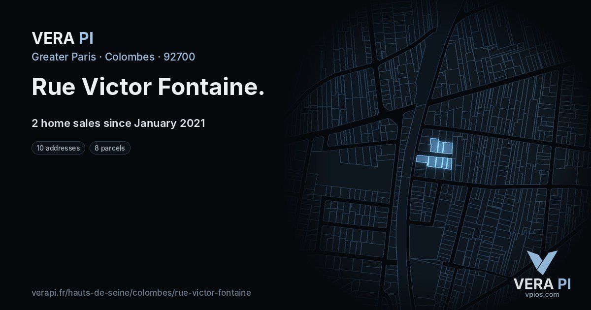 Rue Victor Fontaine, Colombes at night – every parcel coloured by the prices around it, the street's own parcels lit