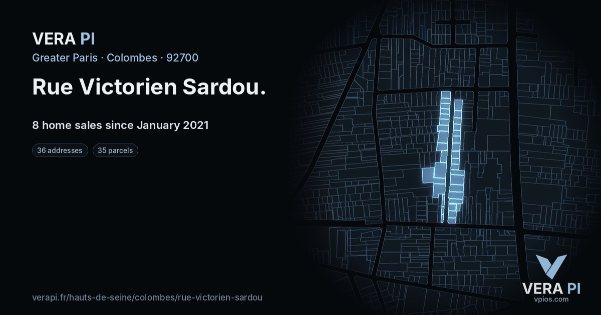 Rue Victorien Sardou, Colombes at night – every parcel coloured by the prices around it, the street's own parcels lit