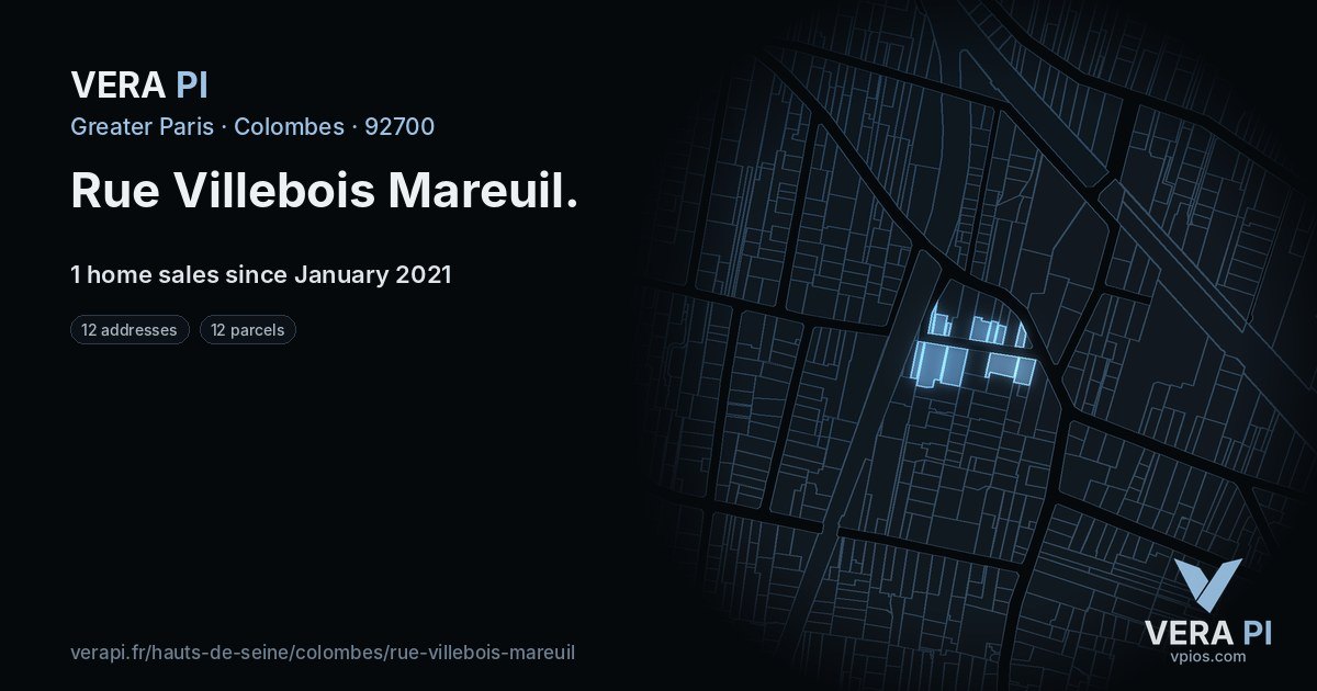 Rue Villebois Mareuil, Colombes at night – every parcel coloured by the prices around it, the street's own parcels lit