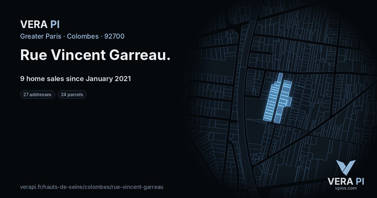 Rue Vincent Garreau, Colombes at night – every parcel coloured by the prices around it, the street's own parcels lit