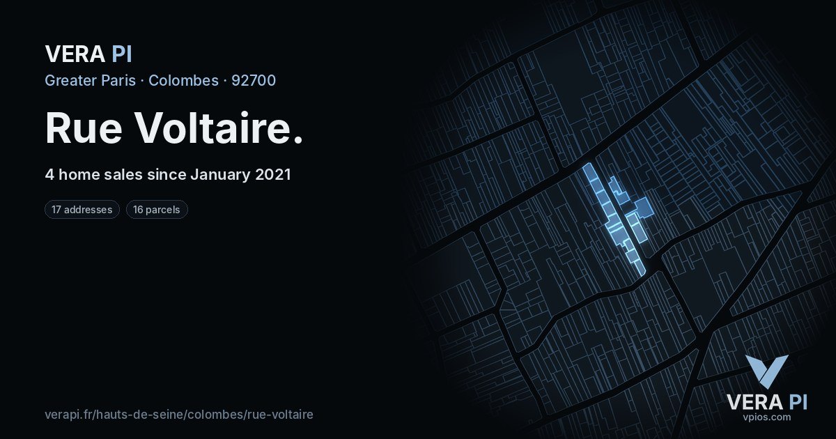 Rue Voltaire, Colombes at night – every parcel coloured by the prices around it, the street's own parcels lit