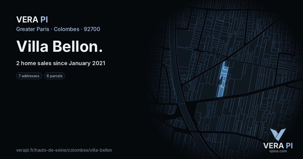 Villa Bellon, Colombes at night – every parcel coloured by the prices around it, the street's own parcels lit