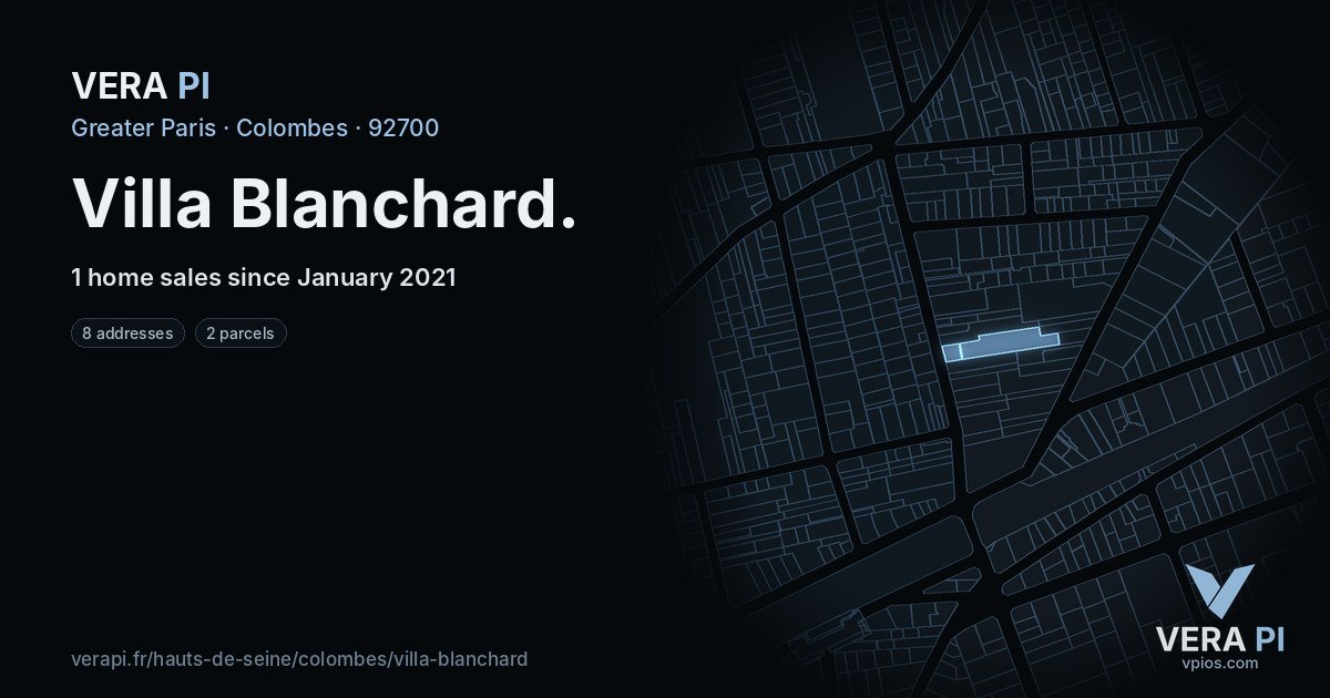 Villa Blanchard, Colombes at night – every parcel coloured by the prices around it, the street's own parcels lit