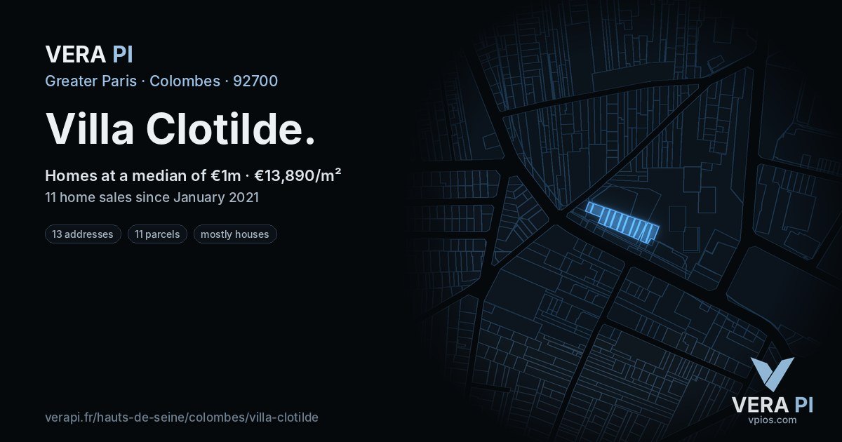 Villa Clotilde, Colombes at night – every parcel coloured by the prices around it, the street's own parcels lit