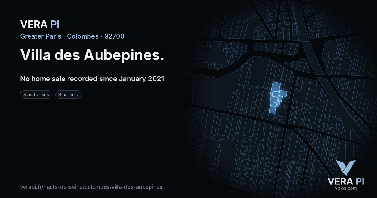 Villa des Aubepines, Colombes at night – every parcel coloured by the prices around it, the street's own parcels lit