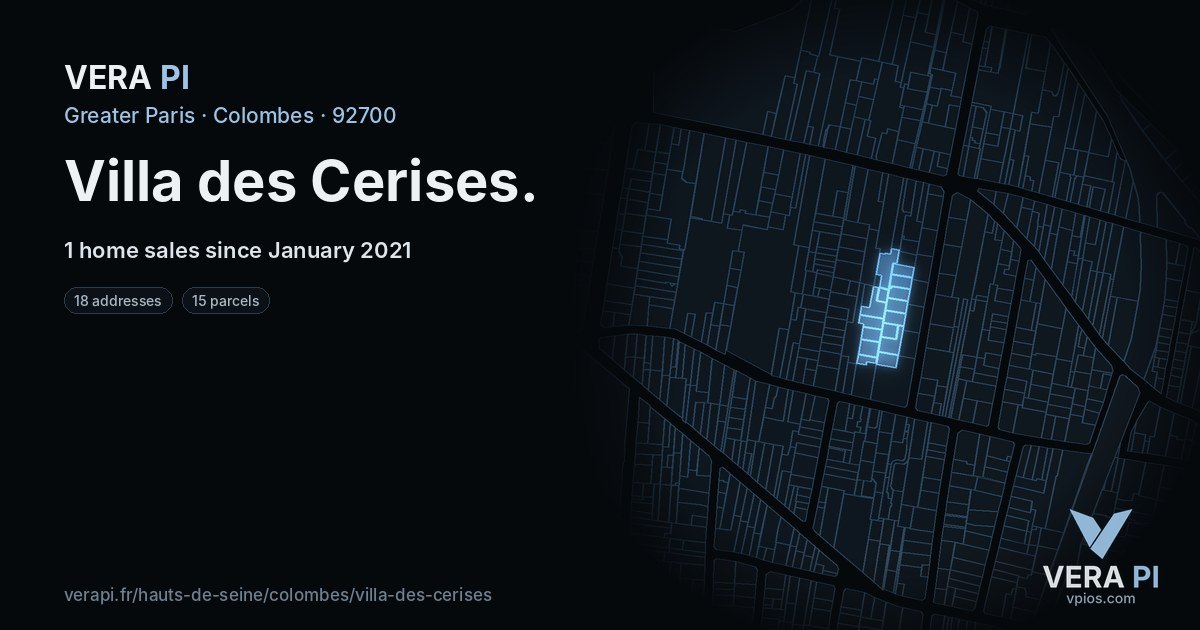 Villa des Cerises, Colombes at night – every parcel coloured by the prices around it, the street's own parcels lit
