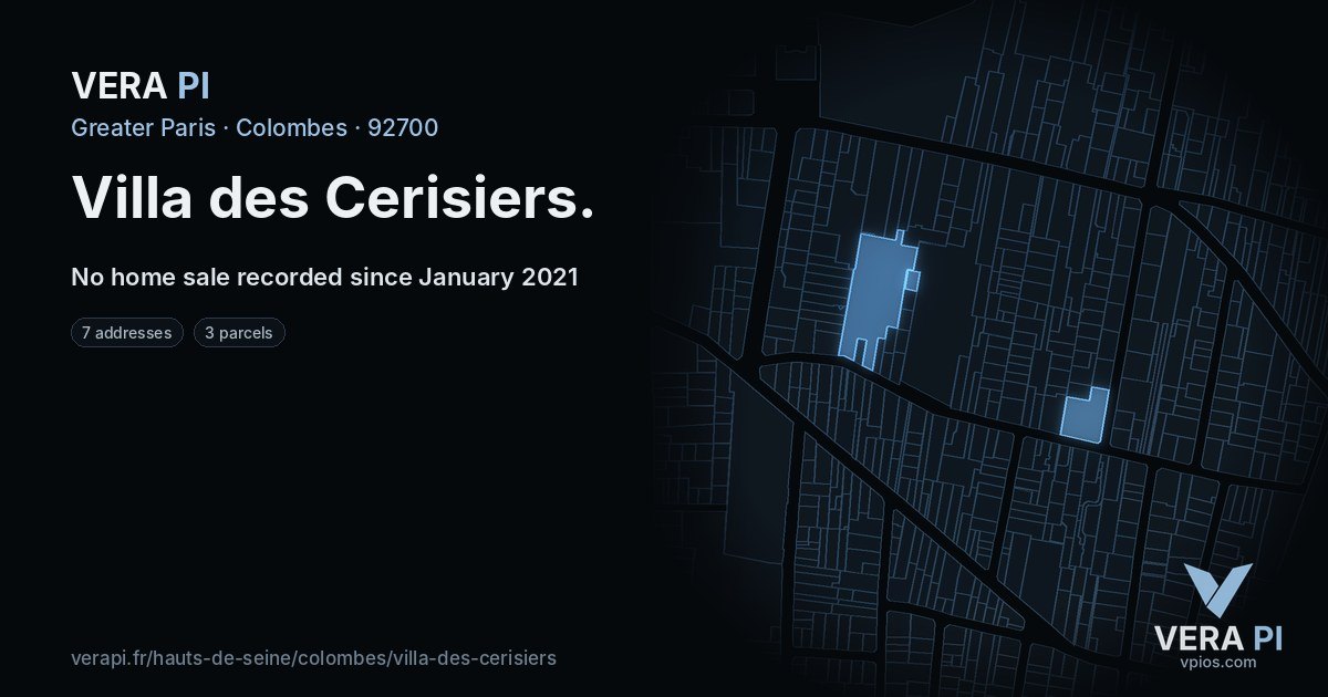 Villa des Cerisiers, Colombes at night – every parcel coloured by the prices around it, the street's own parcels lit