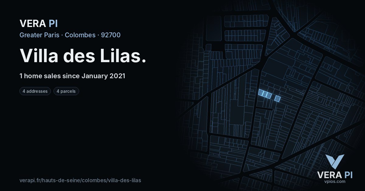 Villa des Lilas, Colombes at night – every parcel coloured by the prices around it, the street's own parcels lit