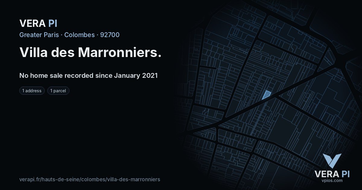 Villa des Marronniers, Colombes at night – every parcel coloured by the prices around it, the street's own parcels lit