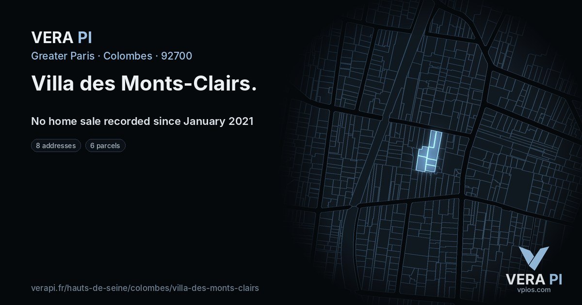 Villa des Monts-Clairs, Colombes at night – every parcel coloured by the prices around it, the street's own parcels lit