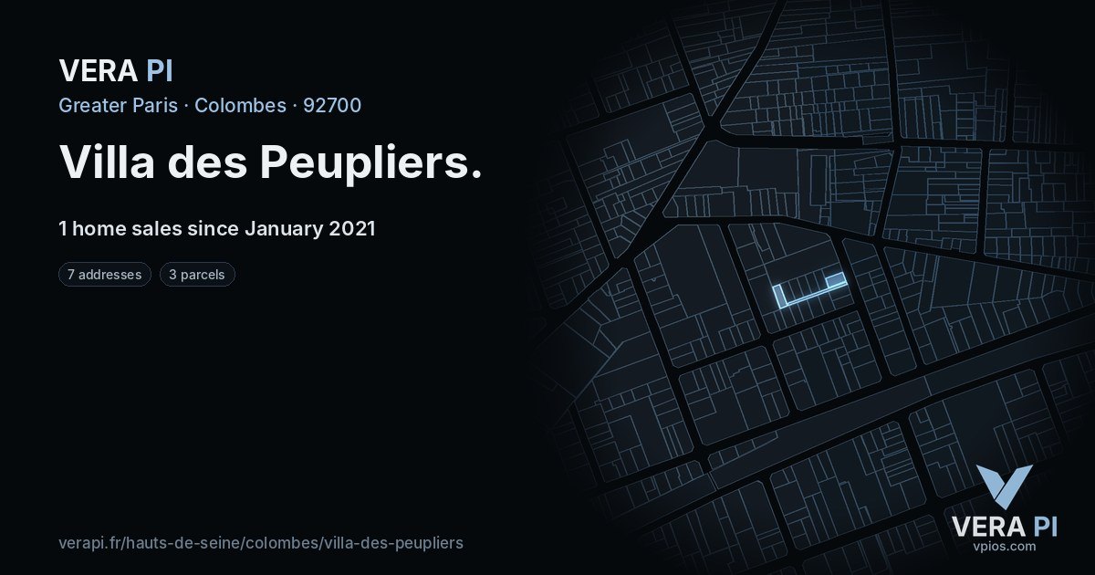 Villa des Peupliers, Colombes at night – every parcel coloured by the prices around it, the street's own parcels lit