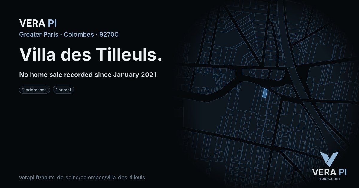 Villa des Tilleuls, Colombes at night – every parcel coloured by the prices around it, the street's own parcels lit