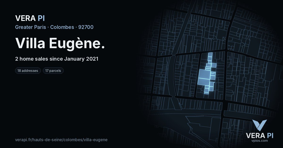 Villa Eugène, Colombes at night – every parcel coloured by the prices around it, the street's own parcels lit