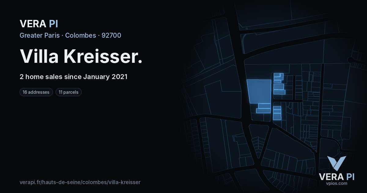 Villa Kreisser, Colombes at night – every parcel coloured by the prices around it, the street's own parcels lit