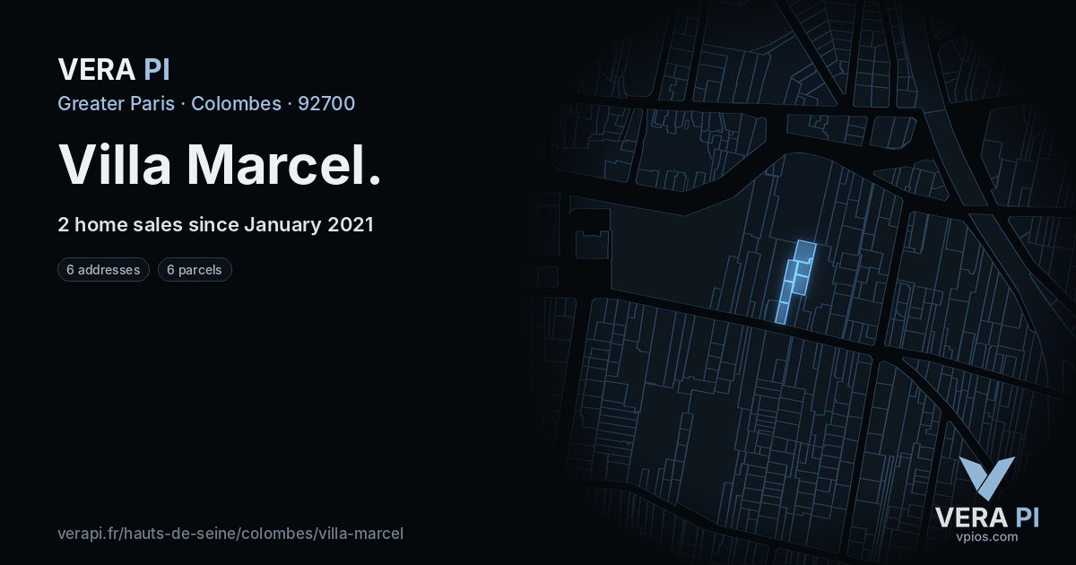 Villa Marcel, Colombes at night – every parcel coloured by the prices around it, the street's own parcels lit
