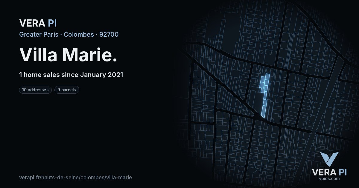 Villa Marie, Colombes at night – every parcel coloured by the prices around it, the street's own parcels lit
