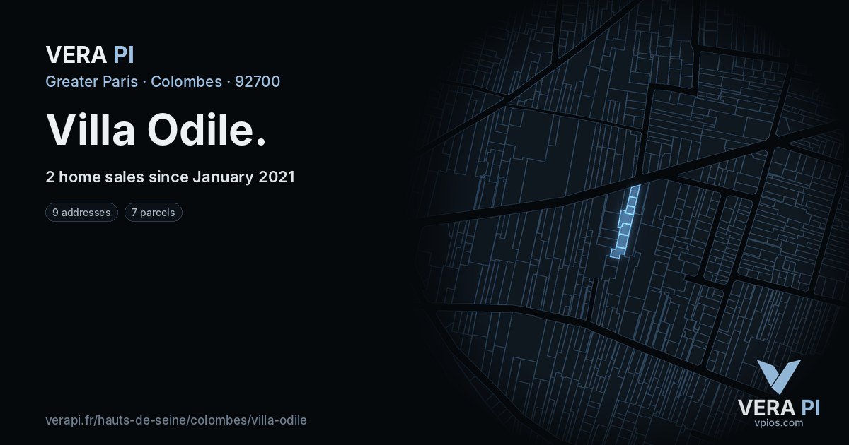 Villa Odile, Colombes at night – every parcel coloured by the prices around it, the street's own parcels lit