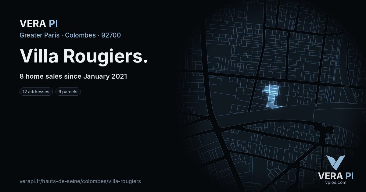Villa Rougiers, Colombes at night – every parcel coloured by the prices around it, the street's own parcels lit