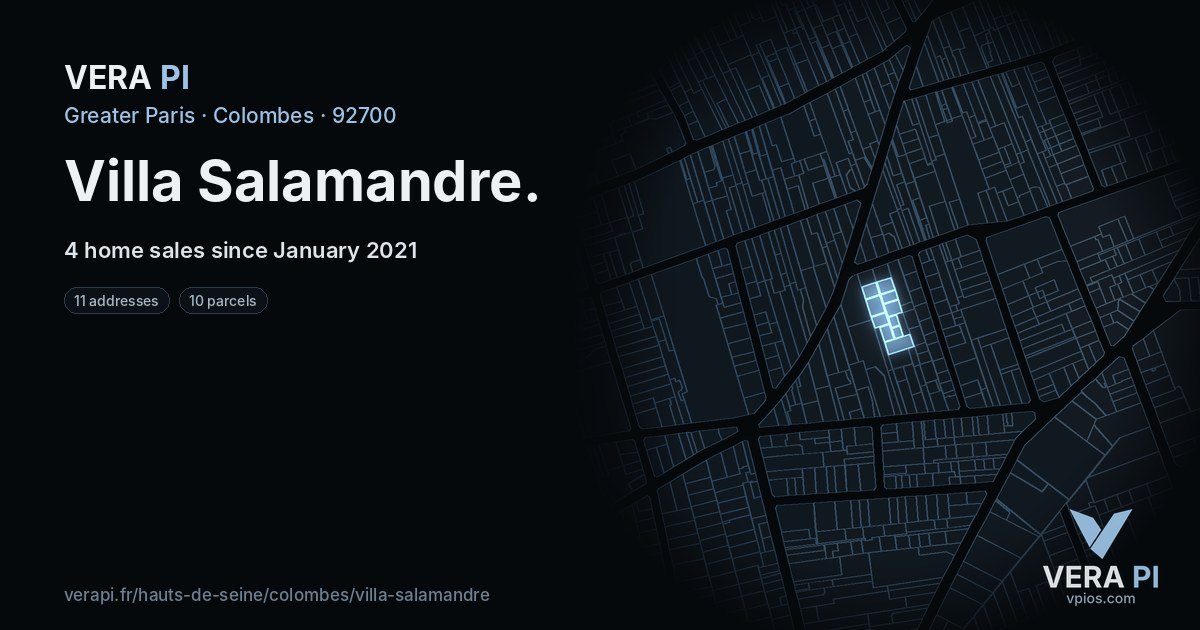 Villa Salamandre, Colombes at night – every parcel coloured by the prices around it, the street's own parcels lit