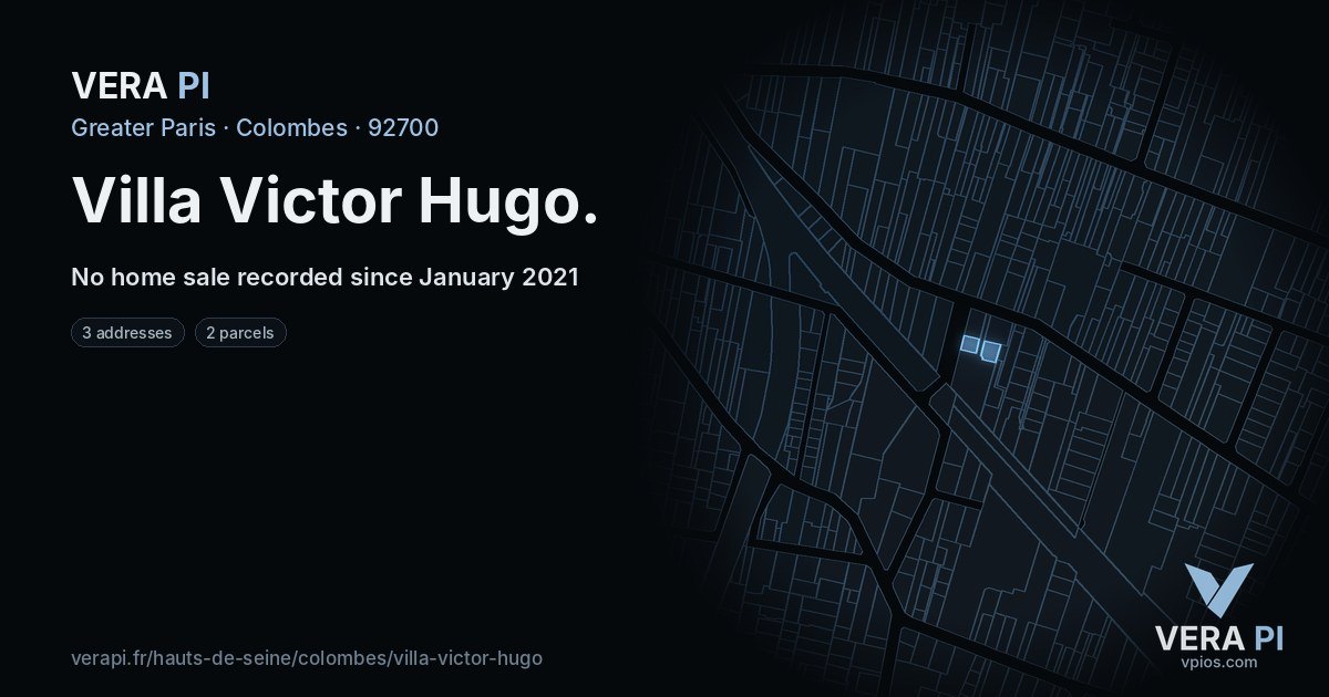 Villa Victor Hugo, Colombes at night – every parcel coloured by the prices around it, the street's own parcels lit