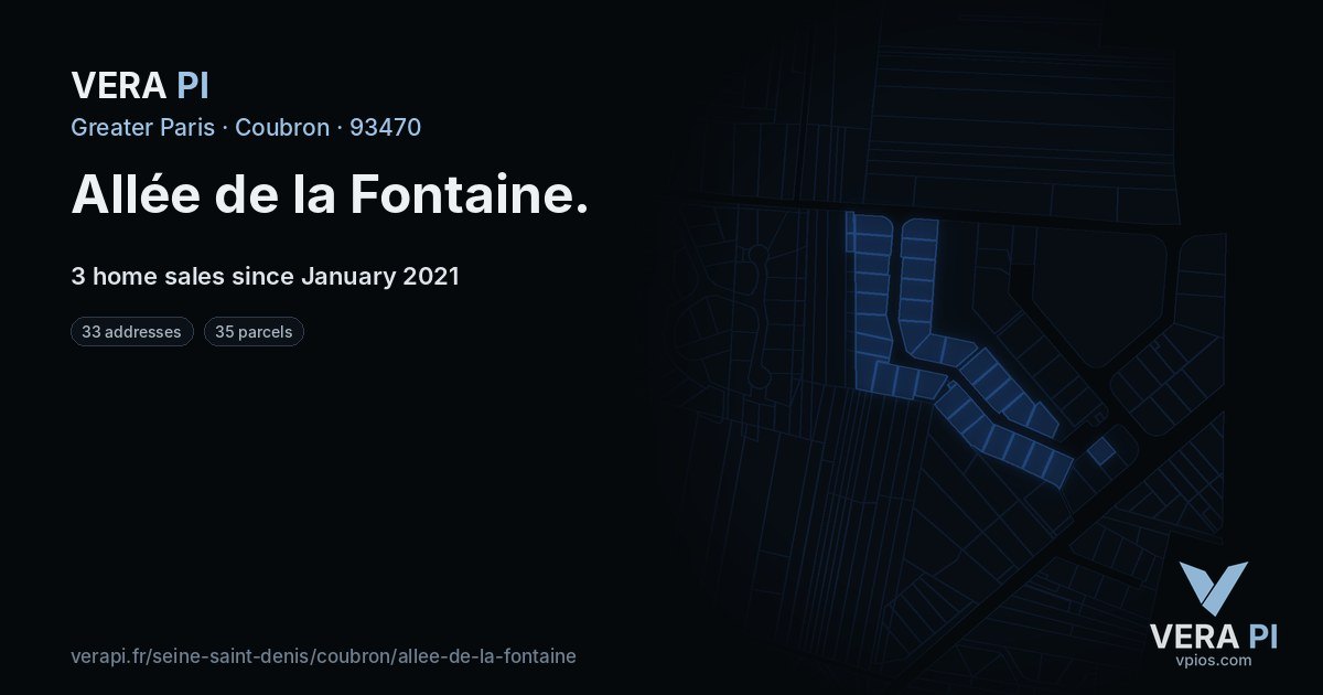 Allée de la Fontaine, Coubron at night – every parcel coloured by the prices around it, the street's own parcels lit