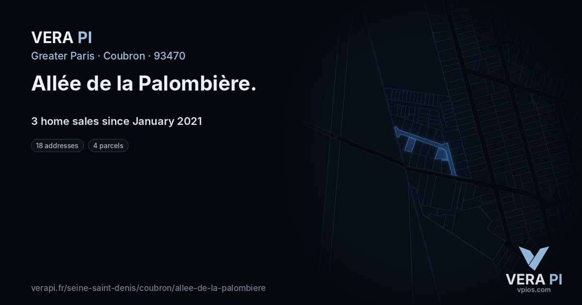 Allée de la Palombière, Coubron at night – every parcel coloured by the prices around it, the street's own parcels lit