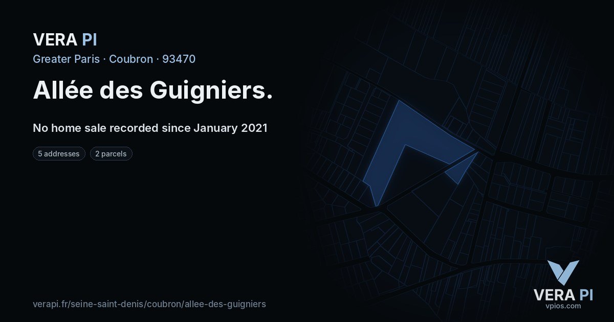 Allée des Guigniers, Coubron at night – every parcel coloured by the prices around it, the street's own parcels lit