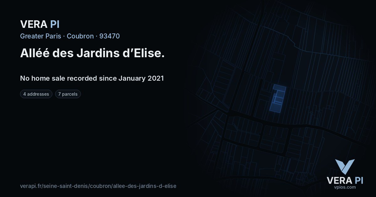 Alléé des Jardins d’Elise, Coubron at night – every parcel coloured by the prices around it, the street's own parcels lit