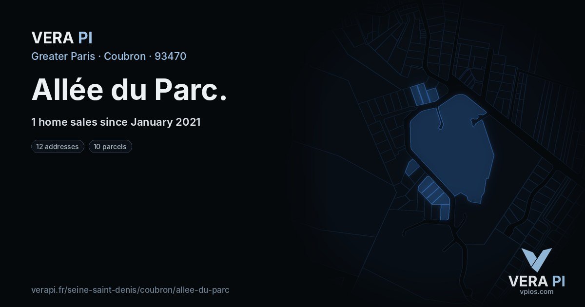 Allée du Parc, Coubron at night – every parcel coloured by the prices around it, the street's own parcels lit
