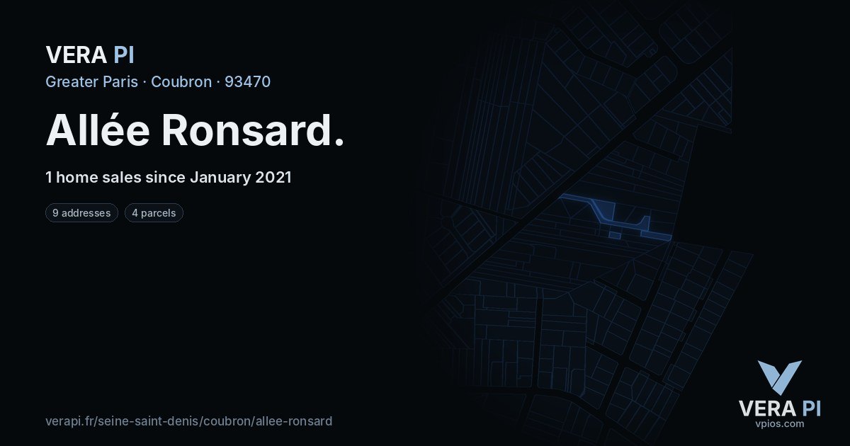 Allée Ronsard, Coubron at night – every parcel coloured by the prices around it, the street's own parcels lit