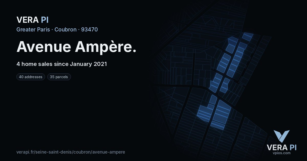 Avenue Ampère, Coubron at night – every parcel coloured by the prices around it, the street's own parcels lit