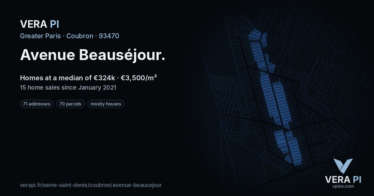 Avenue Beauséjour, Coubron at night – every parcel coloured by the prices around it, the street's own parcels lit