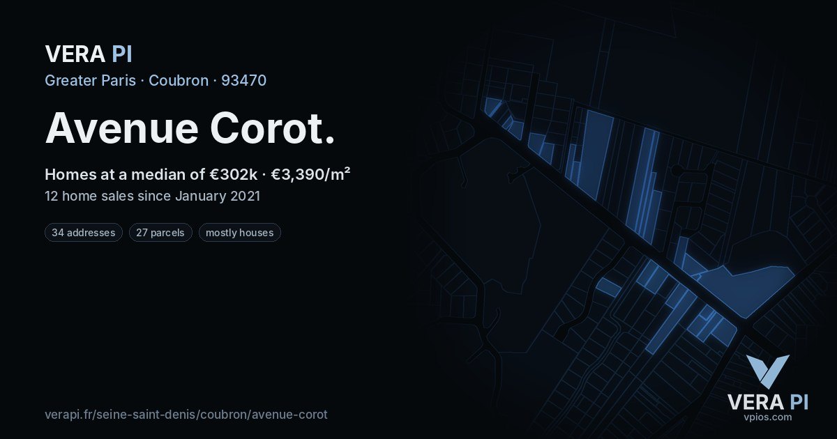 Avenue Corot, Coubron at night – every parcel coloured by the prices around it, the street's own parcels lit