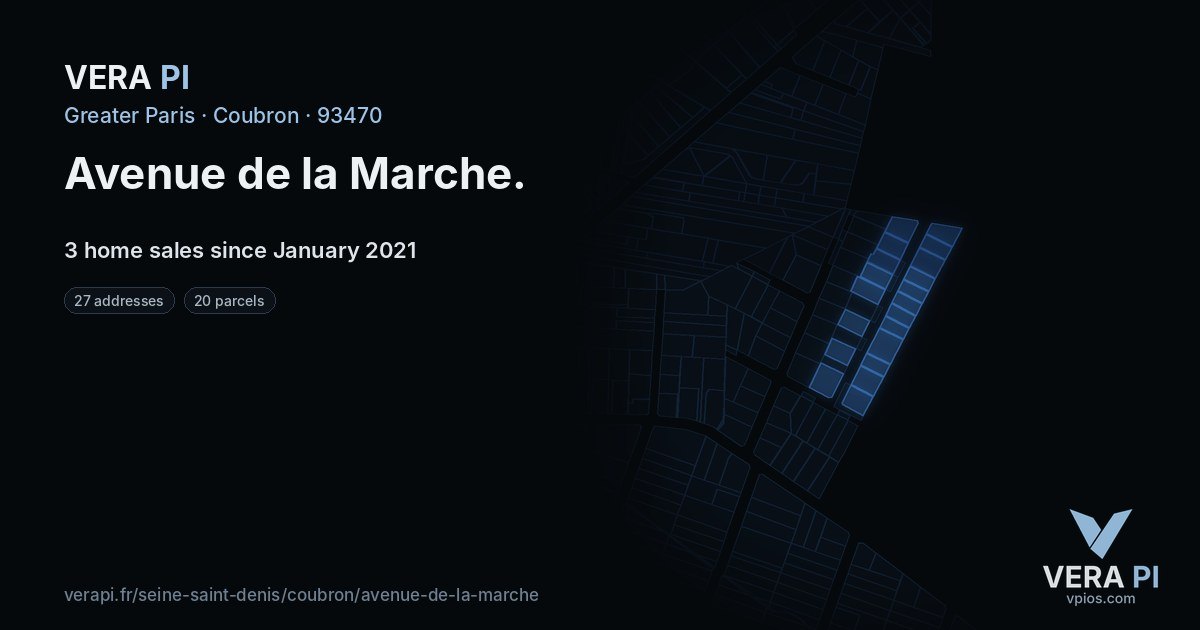 Avenue de la Marche, Coubron at night – every parcel coloured by the prices around it, the street's own parcels lit