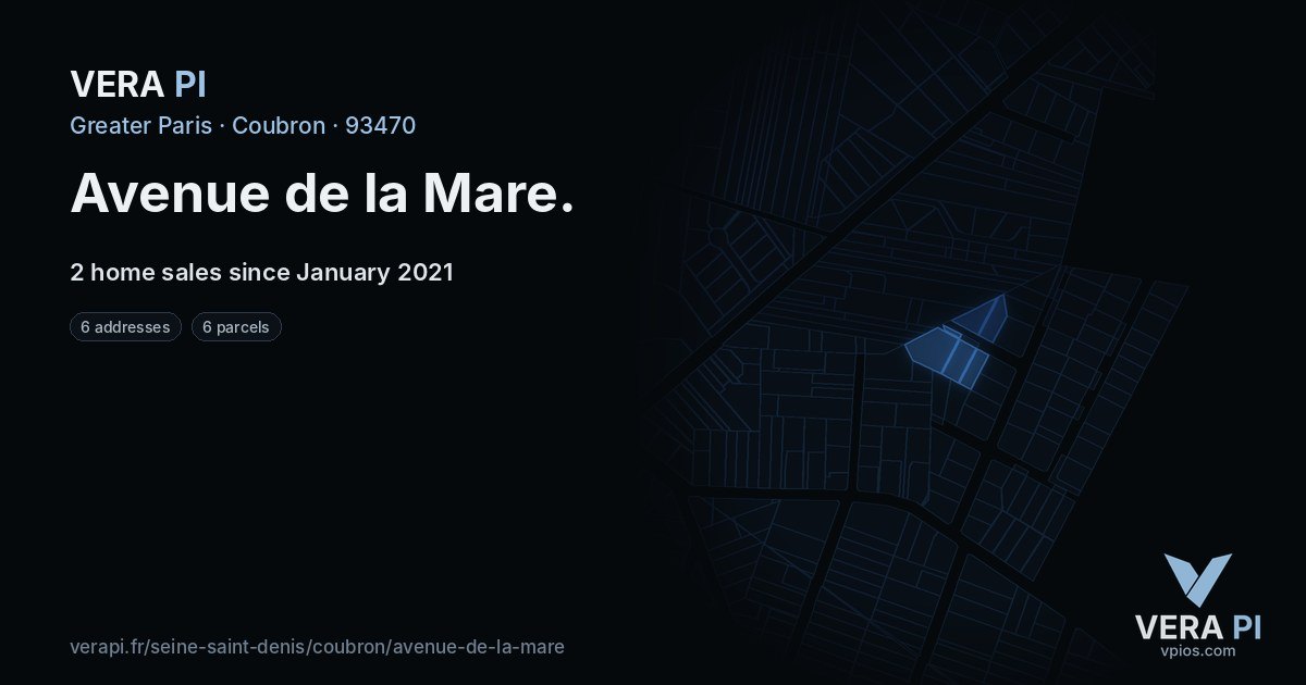Avenue de la Mare, Coubron at night – every parcel coloured by the prices around it, the street's own parcels lit