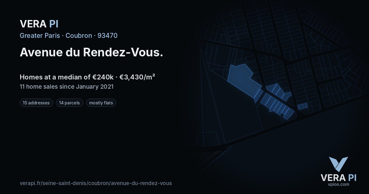 Avenue du Rendez-Vous, Coubron at night – every parcel coloured by the prices around it, the street's own parcels lit