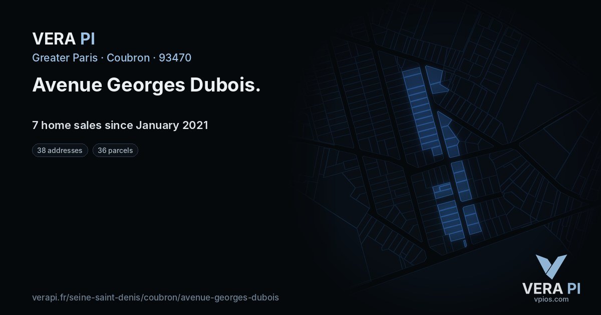Avenue Georges Dubois, Coubron at night – every parcel coloured by the prices around it, the street's own parcels lit