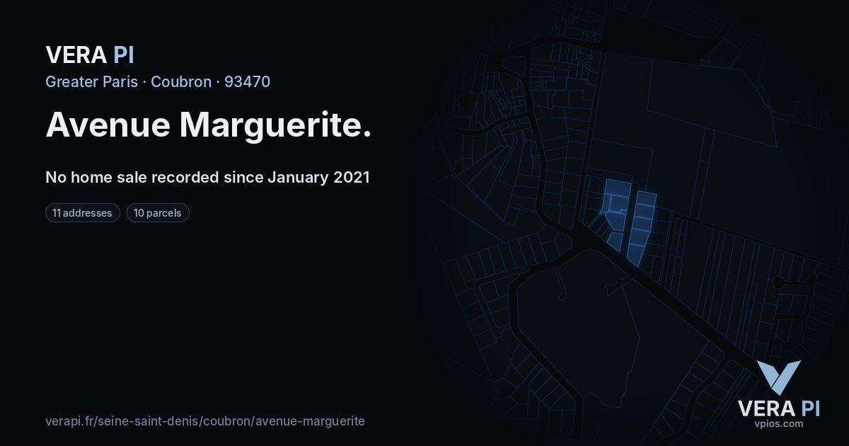 Avenue Marguerite, Coubron at night – every parcel coloured by the prices around it, the street's own parcels lit