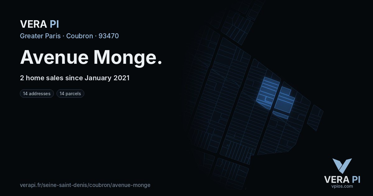 Avenue Monge, Coubron at night – every parcel coloured by the prices around it, the street's own parcels lit
