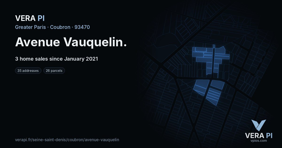 Avenue Vauquelin, Coubron at night – every parcel coloured by the prices around it, the street's own parcels lit