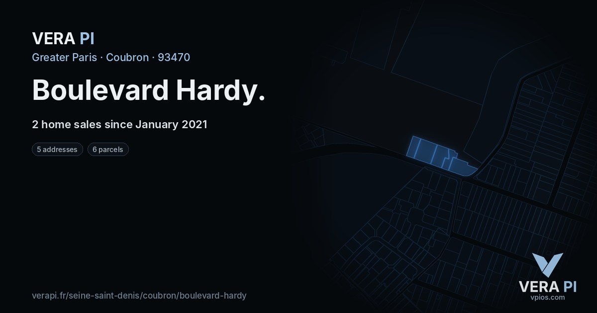 Boulevard Hardy, Coubron at night – every parcel coloured by the prices around it, the street's own parcels lit