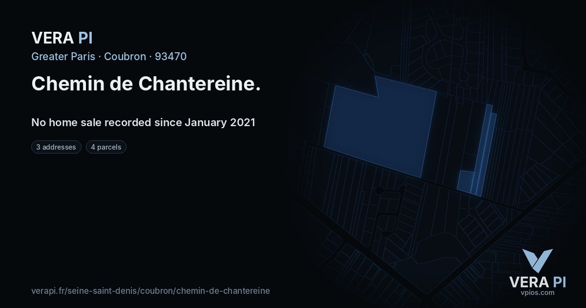Chemin de Chantereine, Coubron at night – every parcel coloured by the prices around it, the street's own parcels lit