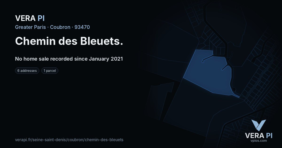 Chemin des Bleuets, Coubron at night – every parcel coloured by the prices around it, the street's own parcels lit